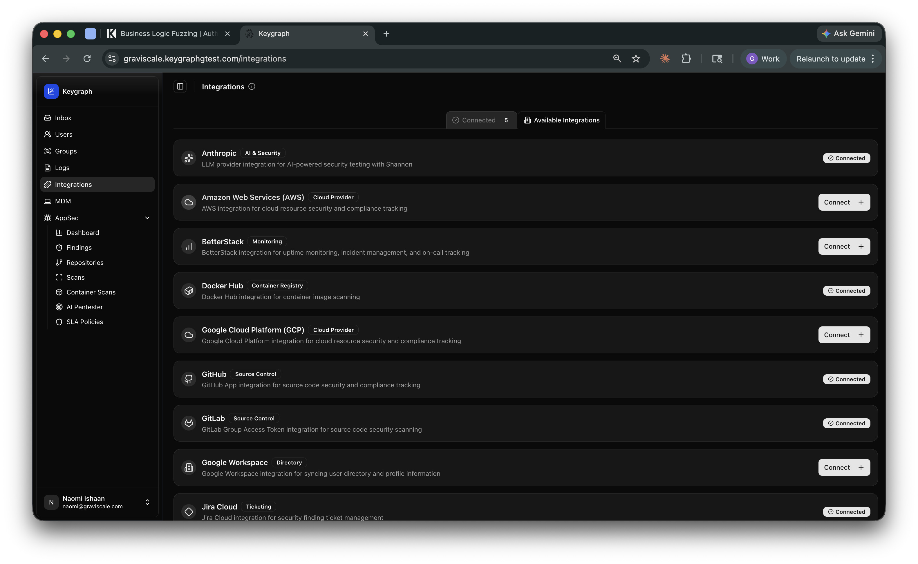 Keygraph integrations panel showing connected cloud providers, source-control providers, ticketing, and directory integrations.