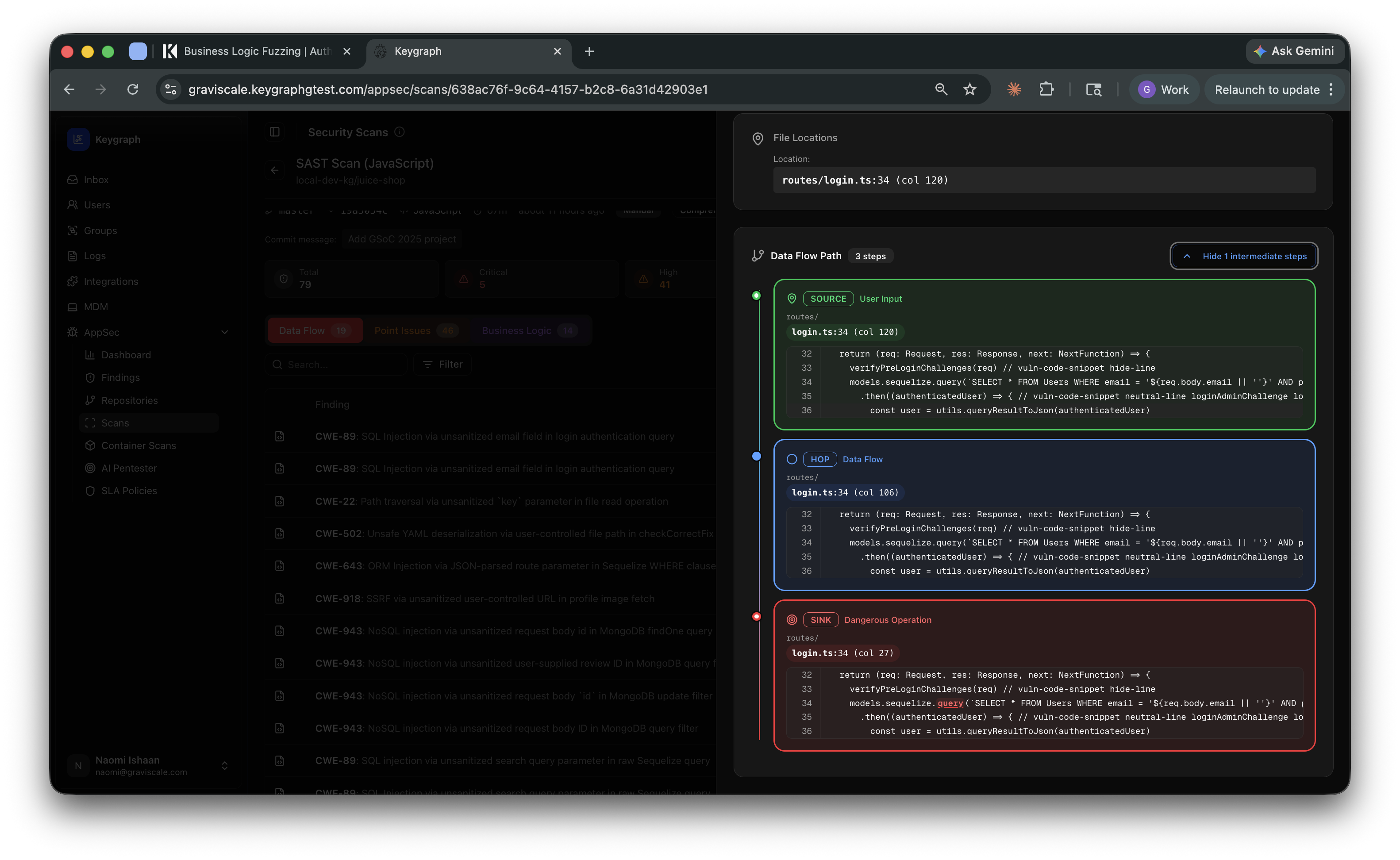 Keygraph SAST finding slideover showing a CWE-89 SQL injection data flow path with source, intermediate, and dangerous-operation code blocks.