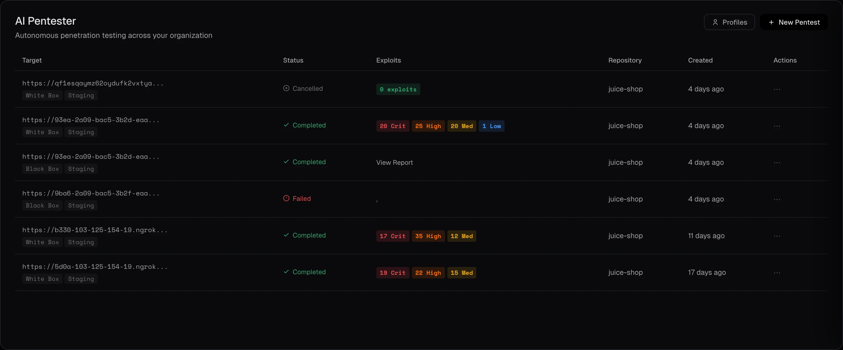 Keygraph blackbox pentester findings list: AI-discovered vulnerabilities across an organization's repos