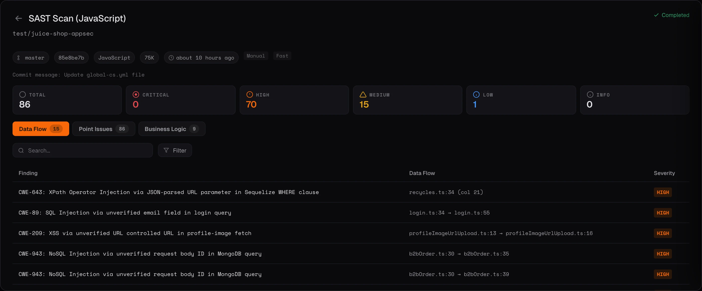 Keygraph SAST scan detail showing data-flow, point-issue and business-logic findings