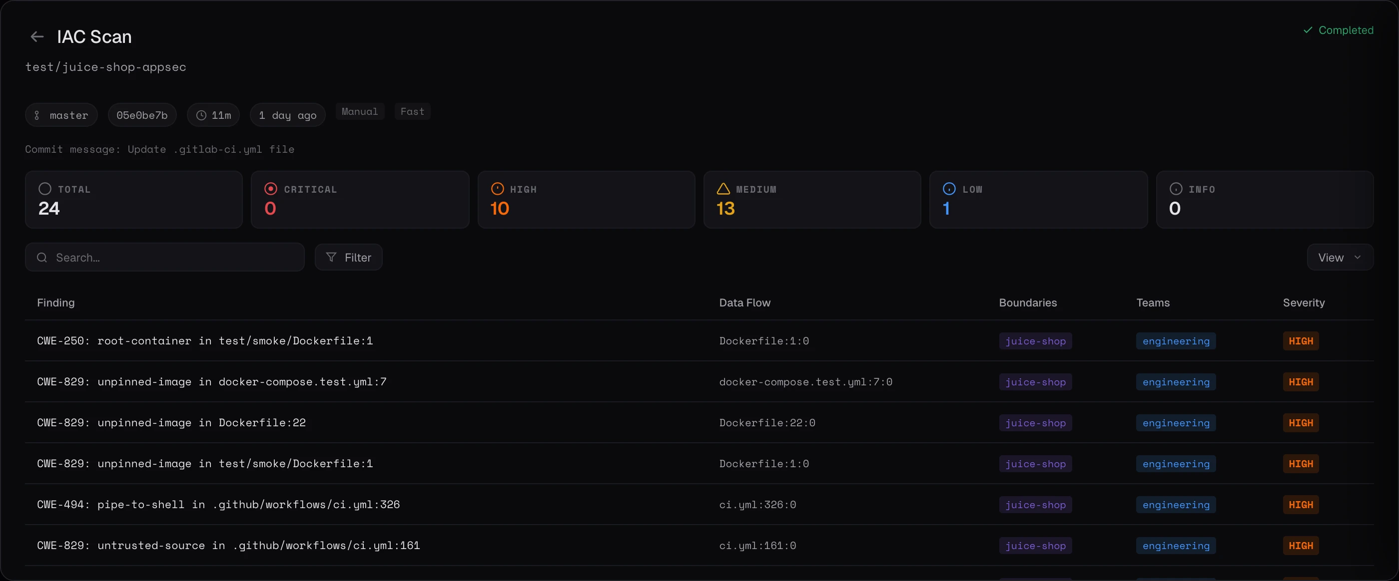 Keygraph IaC scan results showing infrastructure misconfigurations